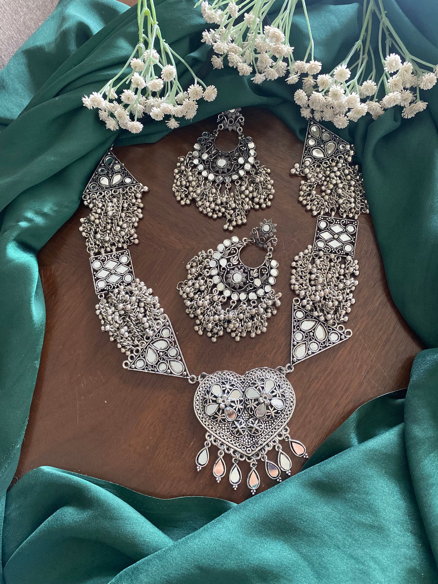 Mirror heart shape Long Necklace set Gehnacollections