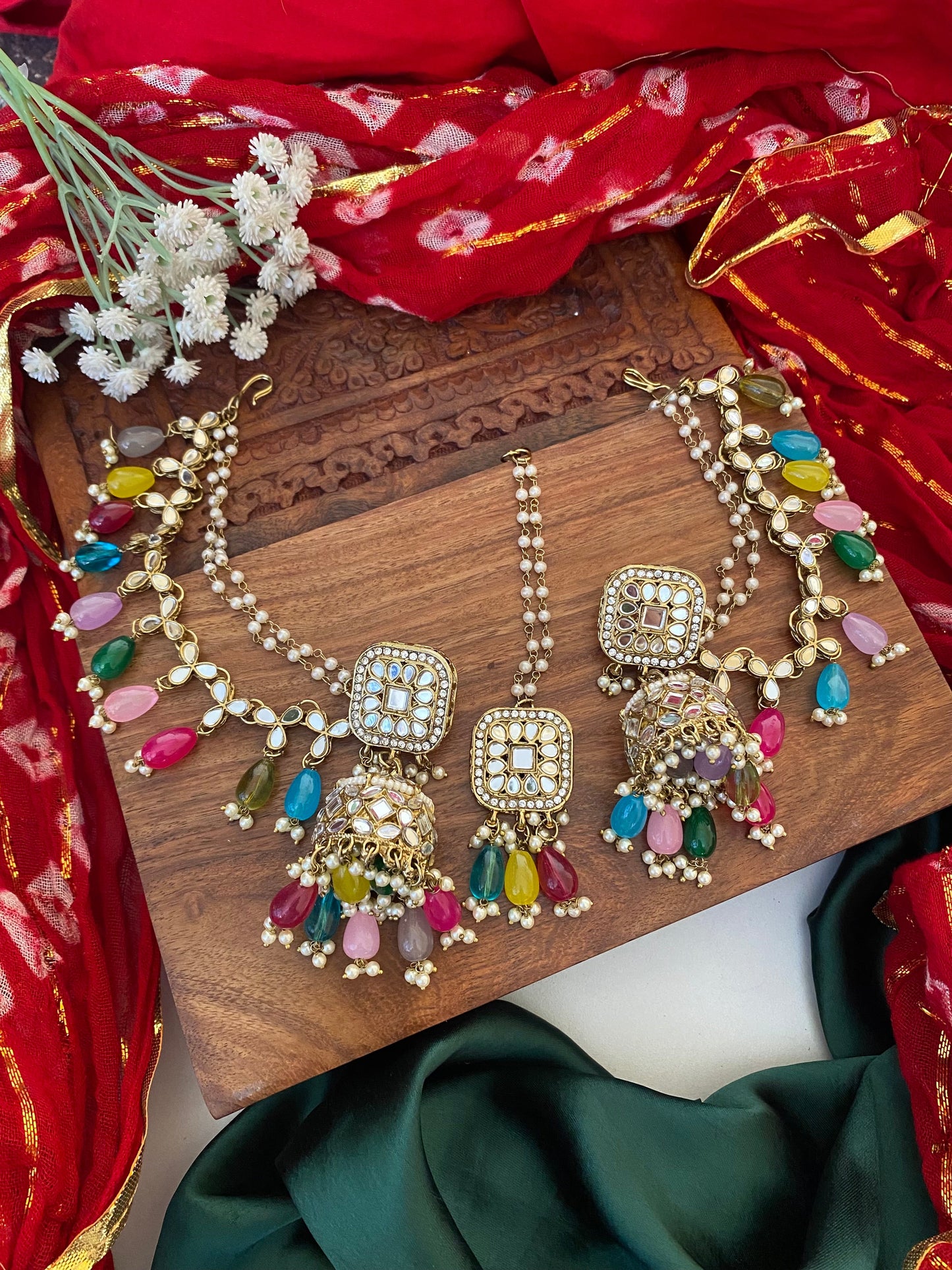 HAZEL MIRROR JHUMKA WITH KAAN CHAIN AND MAANGTIKA Gehnacollections