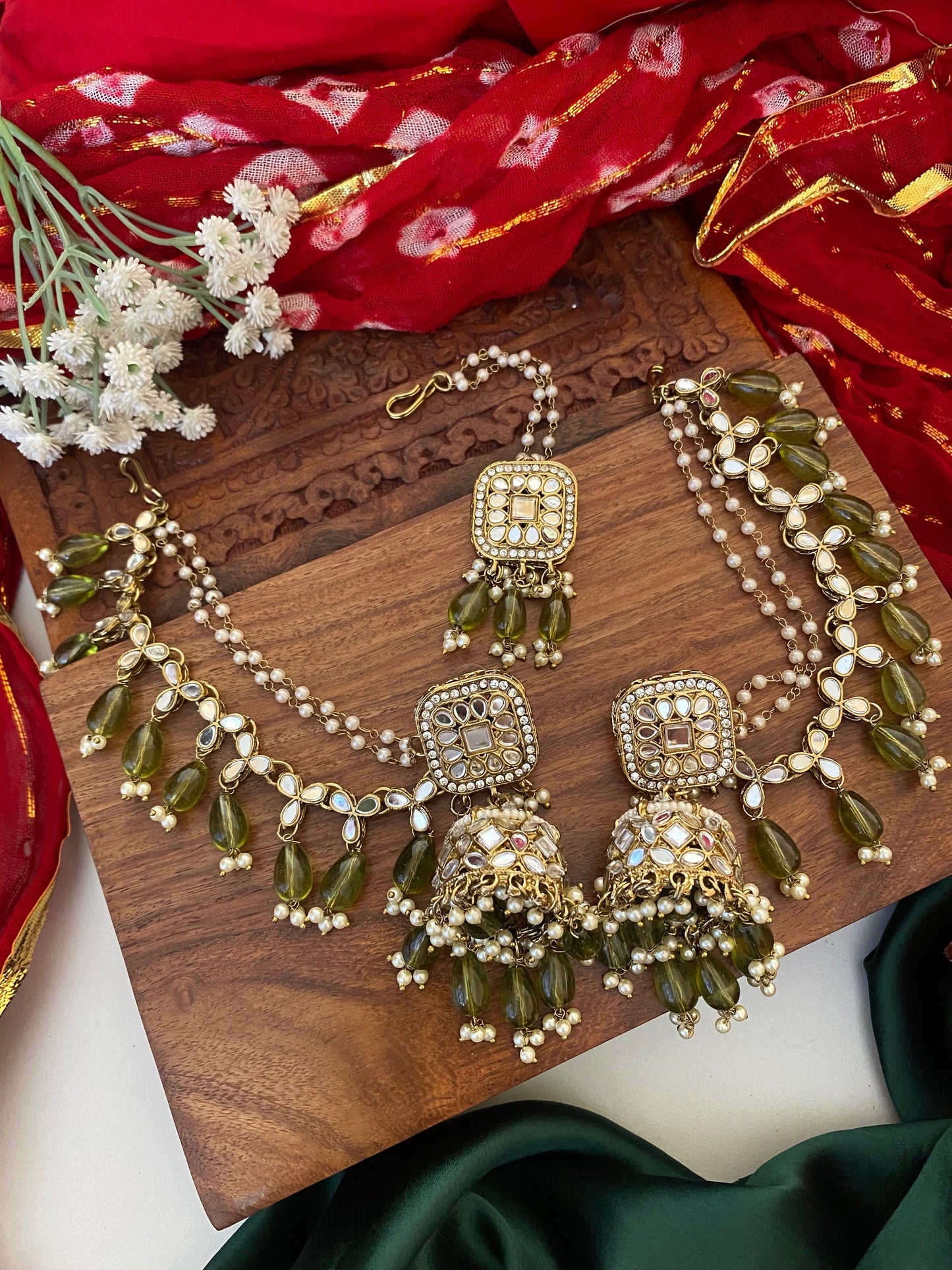 HAZEL MIRROR JHUMKA WITH KAAN CHAIN AND MAANGTIKA Gehnacollections