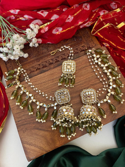 HAZEL MIRROR JHUMKA WITH KAAN CHAIN AND MAANGTIKA Gehnacollections