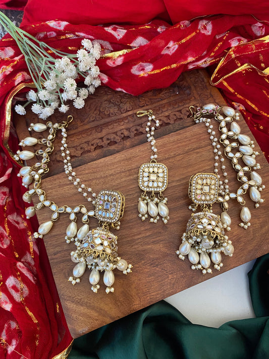 HAZEL MIRROR JHUMKA WITH KAAN CHAIN AND MAANGTIKA Gehnacollections