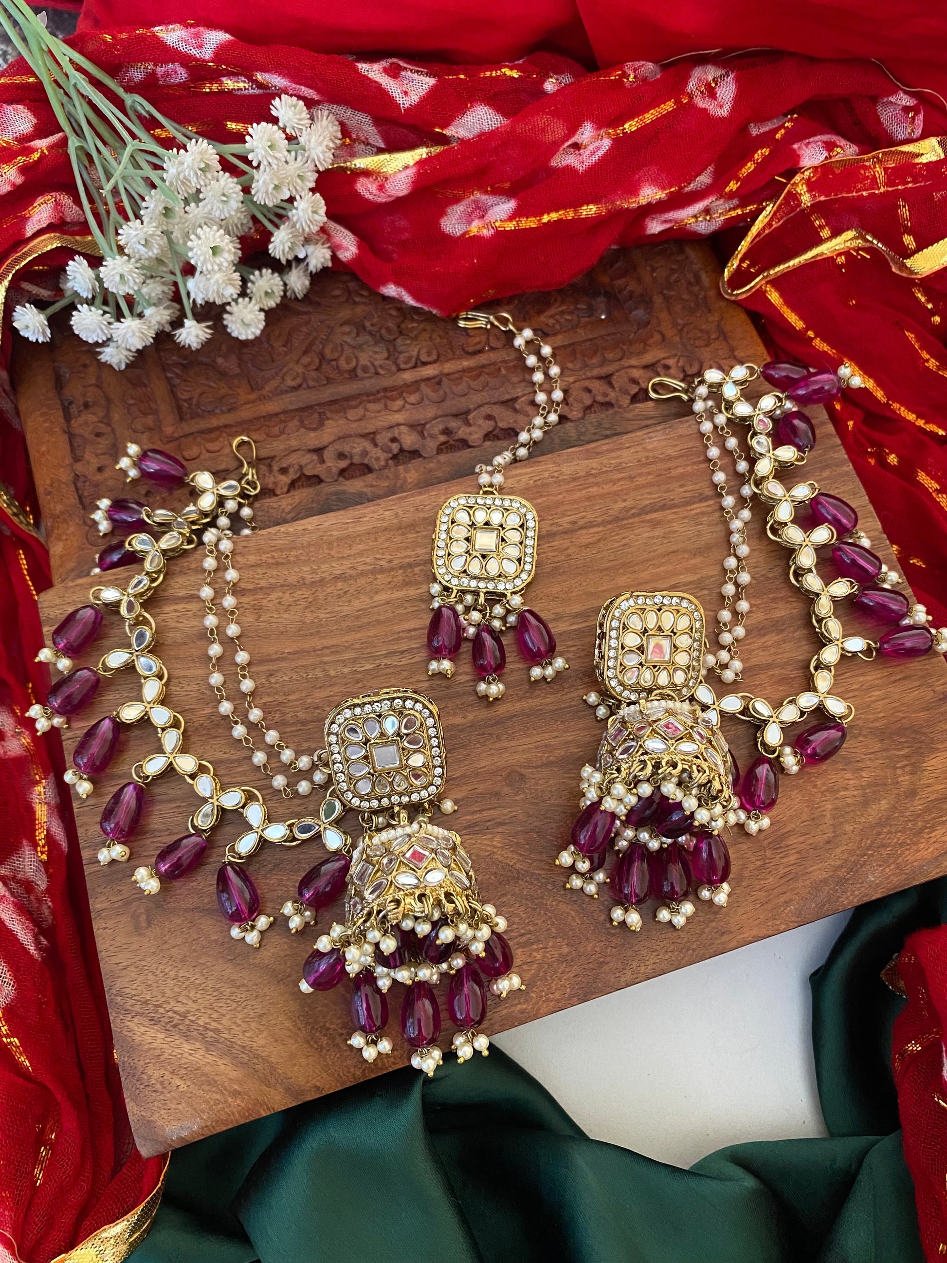 HAZEL MIRROR JHUMKA WITH KAAN CHAIN AND MAANGTIKA Gehnacollections